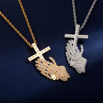 Moda Hip Hop Orando Mãos Pingente de Mãos postas AAA Cz Pedra de Ouro 14K Plated Punk Religiosa Cristã Colar de Homens, Mulheres, Adolescentes 1