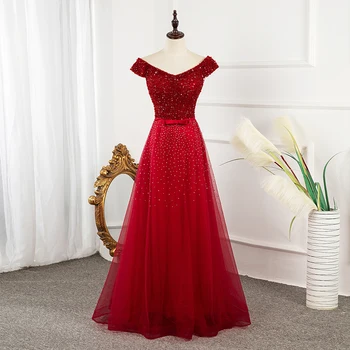 Vestido de noite 2020 Nova Moda de Vestido de Festa de Casamento Vermelho Vinho Banquete Vestidos Beading Sexy Fora do Ombro Vestido de Baile de uma Linha