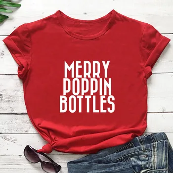 Feliz Poppin Garrafas Impresso Nova Chegada de Mulheres de Verão Engraçado 100%Algodão T-Shirt de ação de Graças camisa Natal camisas 2