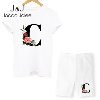 Jocoo Jolee Mulheres de Verão de Manga Curta-O-Pescoço Corredores Motociclista Casual Sólida Duas Peças de Conjunto de Letra de Impressão de T-Shirts e Shorts 1