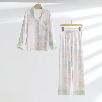 Calças Ropa De Dormir Mulheres Roupas para 2022 Pijama Mulheres de Outono de Algodão Branco Luar Impresso de Manga Longa, Calças de Terno 1
