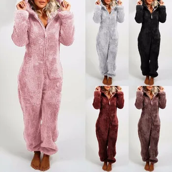 2020 Novo Pijama Camisola das Mulheres Pijamas de Inverno de Mangas compridas, Além de Pelúcia Grosso Macacão de Plush com Capuz Homewear Pijama Vestes 1