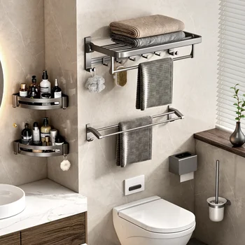 Arma de cinza toalheiro wc espaço de alumínio não perfuradas casa de banho armazenamento rack montado na parede do banheiro de toalha rack 2