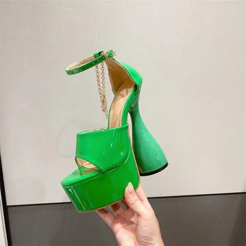 Mulheres sandálias Laranja Verde de Couro de Patente Plataforma Sandálias de Mulher Moda Rodada Toe Peep Toe Estranho salto Alto sapatos de senhoras 1