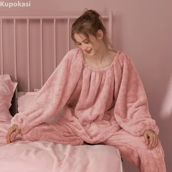 Kupokasi Quente Flanela Mulher Pijama Macio Pijamas Outono Inverno Feminino Com Capuz De Pijama De Manga Comprida, Calças De Terno 1