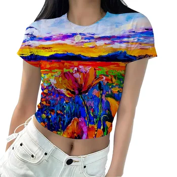 Mulheres 3D Print T-Shirt Aquarela do arco-íris Mulheres T-Shirt de Verão dente-de-Leão Camisetas O-de Algodão com Decote Tops Plus Size