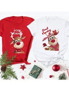 Renas De Natal De Manhã Bem Impressão De Moda Das Mulheres T-Shirts Engraçadas Fofo Tee Gráfico Tops Senhoras Férias De Natal Festa De T-Shirt Presente 1