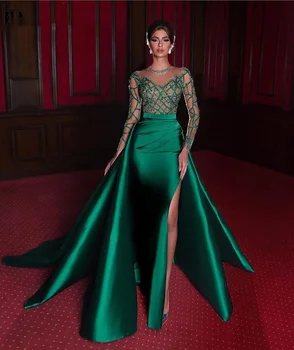 Elegante Sereia Vestidos De 2023 Verde Esmeralda Vestido Formal Completo Longo Mangas De Cetim Sexy Fenda Pérolas Esferas De Vestidos De Festa De Formatura
