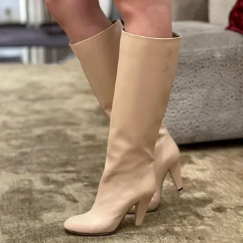 Spike Calcanhar Joelho Alto Botas De Deslizamento Na Sexy Dedo Apontado De Damasco, Moda Couro Inverno Mulheres Botas De Salto Alto Da Marca De Luxo Sapatos 1