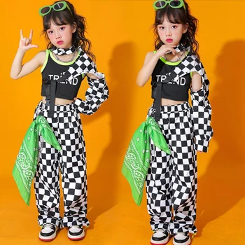 Crianças Teen Kpop Hip Hop Roupas Crop Top Tanque Colete Casual Streetwear Xadrez Carga Calças para Menina Dança Jazz Traje de Roupas 1
