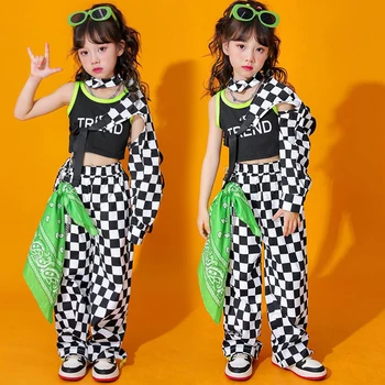 Crianças Teen Kpop Hip Hop Roupas Crop Top Tanque Colete Casual Streetwear Xadrez Carga Calças para Menina Dança Jazz Traje de Roupas 2