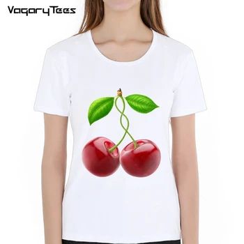 Mulher 2019 Verão Top Branco de Manga Curta-O-T-shirt com decote cerejas Tees Womens Funny T-Shirt 1
