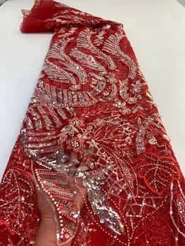Francês Nigeriano Mão-Feito de Net Tecido do Laço VERMELHO de Alta Qualidade Africano Tecido de Malha de Paetê Bordado em Renda para o Vestido de Festa 1