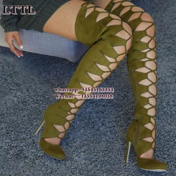 Mulheres Laço de camurça Coxa Botas Altas Dedo Apontado Gladiador Sobre o Joelho Botas de cortes Designer de Tiras Bottes Femmes Mulheres Sapatos 2