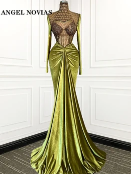 Mangas Compridas, Gola Alta Verde Árabe Vestidos De Noite 2023 Veludo Vestidos De Noite Vestidos De Baile Vestidos Elegantes Para Mulher 1