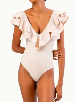 Swimwear das Mulheres 2022 V-pescoço Eriçadas Sexy Sólido de Cor de Uma peça de Maiô Push-Up de Verão, roupas de Praia Thong Banhista Xl 2