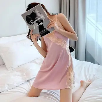 Cor-de-rosa Lace Camisola Mulheres com decote em V Dormir Vestido sem Mangas Pijamas Deslizamento Completo de Espaguete fita para o Nightdress do sexo Feminino Solta Casa Vestido 1