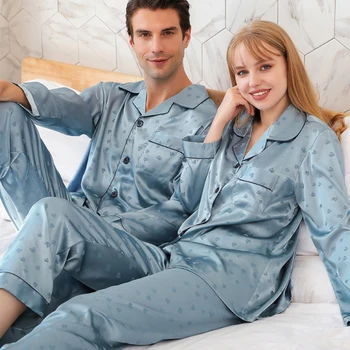 Antumn primavera de manga longa, de boa qualidade, de duas peças casal de seda combinando roupa de dormir de pijama casais 1