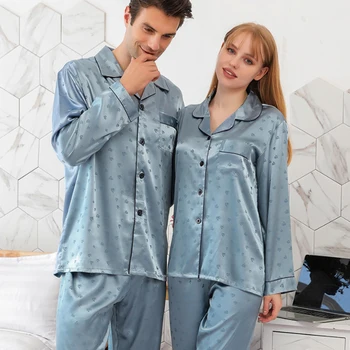 Antumn primavera de manga longa, de boa qualidade, de duas peças casal de seda combinando roupa de dormir de pijama casais 2