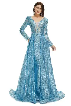 O gelo Azul Muçulmano Princesa Vestidos de Baile com Overskirt Gillter de Paetês com Adorno de Manga Longa Noite Ocasião, Vestido de vestidos 1
