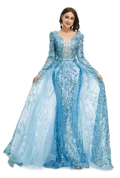O gelo Azul Muçulmano Princesa Vestidos de Baile com Overskirt Gillter de Paetês com Adorno de Manga Longa Noite Ocasião, Vestido de vestidos 2