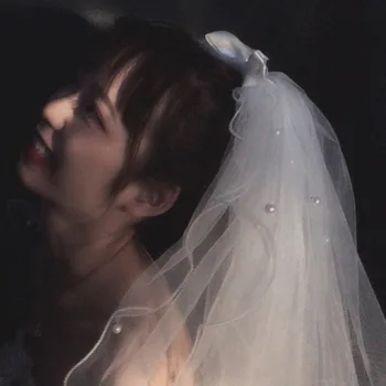 O Coreano Fofo Véu De Noiva, Com Pente De Quatro Camadas Frisado Real Pérola Do Casamento Retro Simples Véu De Noiva, Véu E Acessórios Para O Cabelo 2