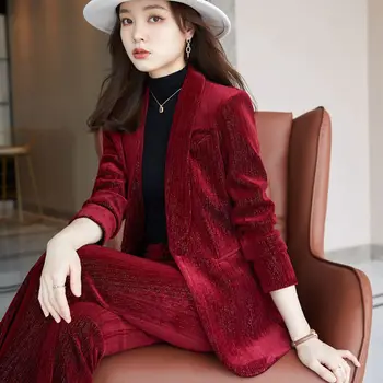 O coreano outono e inverno, o veludo de uso de negócio mulheres jaqueta e calças de vinho vermelho de veludo dourado terno das mulheres terno de duas peças, calças 1