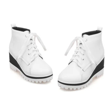 Confortável Estilo coreano Preto de Salto Alto Plataforma Ankle Boots Com Renda Acima de Mulheres Sapatas Ocasionais de Cunhas Branco 2