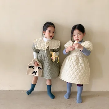 Meninas Acolchoado Vestido de Outono e de Inverno de Roupas de Cor Sólida Novas Crianças Boneca Colarinho Acolchoado de Algodão de Manga Curta, Vestidos de Princesa 1
