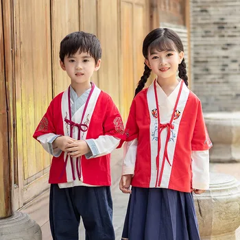 Meninos Meninas Rapazes Raparigas Red Blue Tang Atender Crianças De Estilo Chinês, Bordados Hanfu Tops, Calças, Saias Crianças Orientais Conjunto De Roupas De Palco Traje 1