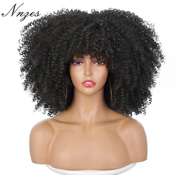 NNZES Sintético Perucas Afro Encaracolado Peruca Preta para as Mulheres negras Curto Kinky Curly Natural Fofo Uso Diário Perucas Com Franja