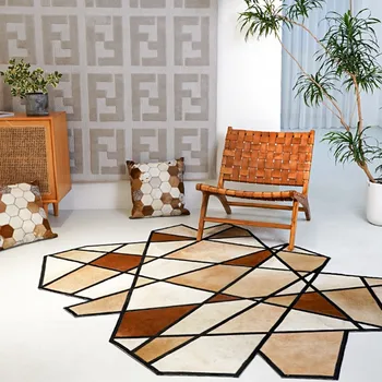 Estilo americano de luxo de couro tapete de retalhos, verdadeiro tapete de couro de vaca para decoração sala de estar villa tapete de área 1