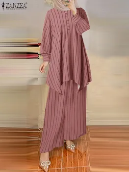 2PCS Muçulmano Dubai, Turquia Abaya Conjuntos de Calças ZANZEA Mulheres da Moda Urbana Treino Listrado Conjuntos de Correspondência Soltas de Vestuário Islâmico 2022 1