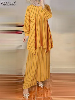 2PCS Muçulmano Dubai, Turquia Abaya Conjuntos de Calças ZANZEA Mulheres da Moda Urbana Treino Listrado Conjuntos de Correspondência Soltas de Vestuário Islâmico 2022 2