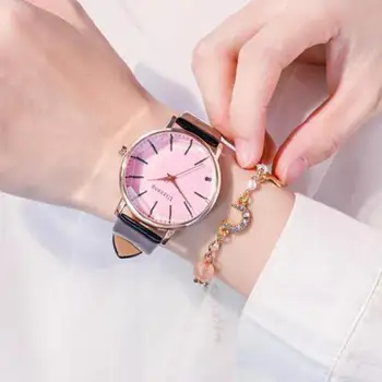 Moda Rodada de Quartzo do Aço Inoxidável Dial Casuais, Relógios de Pulso com Pulseira de Couro Moda Relógio Impermeável relógio de Pulso para Senhoras 2