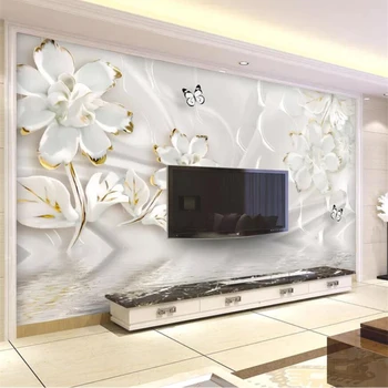 Papel de parede personalizado 3d foto mural em relevo branco elegante jóias flor decorativa mural papéis de parede decoração mural 3d papel de parede 1