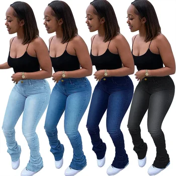2021 Nova Moda Mulher Boot Cut Jeans Casual Slim Jeans Pilha de Calças Skinny Fina, Calças de S-2XL Drop shipping 1