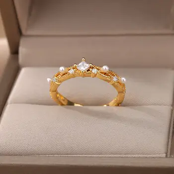 Luxo Zircão Anéis De Cristal Para As Mulheres Simulado Pérola Noivado Anel De Casamento De Punho Aberto O Partido Anel Jóia Do Vintage Presente Bague