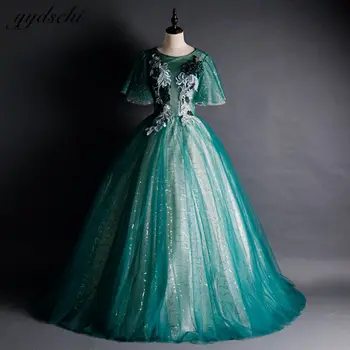 Vintage Verde Escuro Tule Apliques O-Pescoço Vestidos De Noite Brilhante Lantejoulas Princesa Quinceanera De Baile, Vestidos De Vestidos De 15 Anos 1