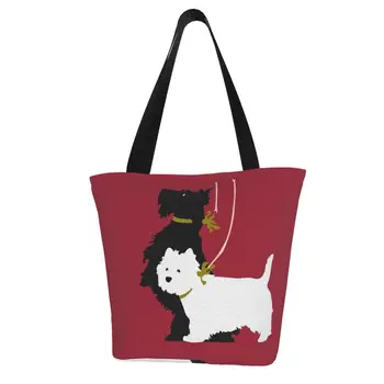 Bonito Impressão Gráfica Eco Sacola de Compras para os Amantes de Cães Westie Tote Harajuku Shopper Bag Mulheres Terrier Escocês Saco de Ombro Feminino