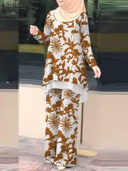 2022 ZANZEA Florais, Patchwork Roupas 2PCS de duas camadas Bainha Blusa Ampla Perna de Calça turco Abaya Adequar a Moda Elegante Muçulmano Conjuntos 2