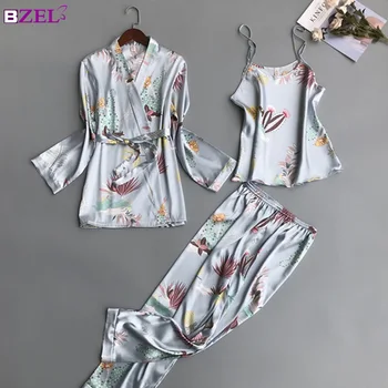 Mulheres Pijama Conjuntos De 3 Peças De Moda De Espaguete Fita De Cetim Pijamas Feminino Impressão De Flor De Pijama Manga Longa Home Roupas De Pijamas 1