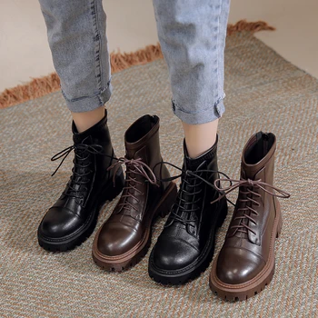 SYNXDN 2021 Inverno Outono Mulheres sapatos de Senhoras Martin botas de Laço e Zip PU de Couro Botas de Salto Quadrado de 4,5 cm de Botas Femininas 1