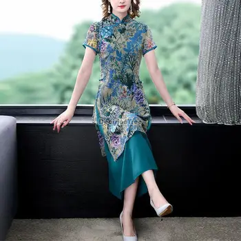 2023 tradicional vietnã ao dai mulheres primavera verão longo vestido cheongsam de manga curta vinatge qipao floral vestido de chiffon a97 1
