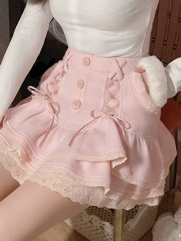 Japonesas Kawaii Lolita Saia Mini Do Inverno Das Mulheres Do Laço Casual, Elegante, Doce, Feminina Saia De Cintura Alta Bandage Coreano Saia 2022 Novo