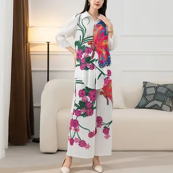 Mulheres impresso blusa para a Queda De 2022 Miyak dobra de Moda folgado plus-size longa top + de cintura alta em linha reta calças
