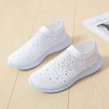2021 Vulcanizada Sapatos de Tênis das Mulheres Formadores de Malha, Tênis de Senhoras Deslizamento de Meia Sapatos de Cristal Cintilante Zapatillas Mujer Casual 1