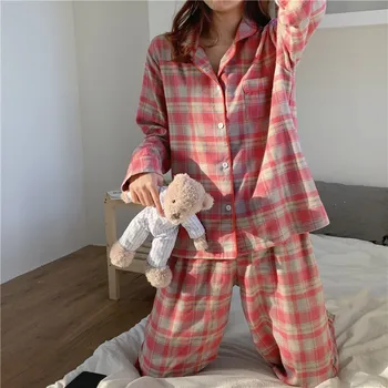 pijamas mulheres xadrez homewear pijama conjunto de casa com roupas de manga longa vermelha guarnição tops, calças de algodão 1