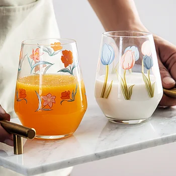 Multi-Propósito 400ml Stemless Vidro Criativo de Moda Daisy Tulip Café Gelado Sobremesa Milkshake de Refrigerante Bebidas frescas Copa Copos 1