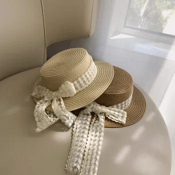 2021-coreano a primavera e o verão do bebê viagens de topo plano grande vantagem sol chapéu do sol chapéu fresco pequeno laço arco de meninos e meninas de chapéu de palha 2